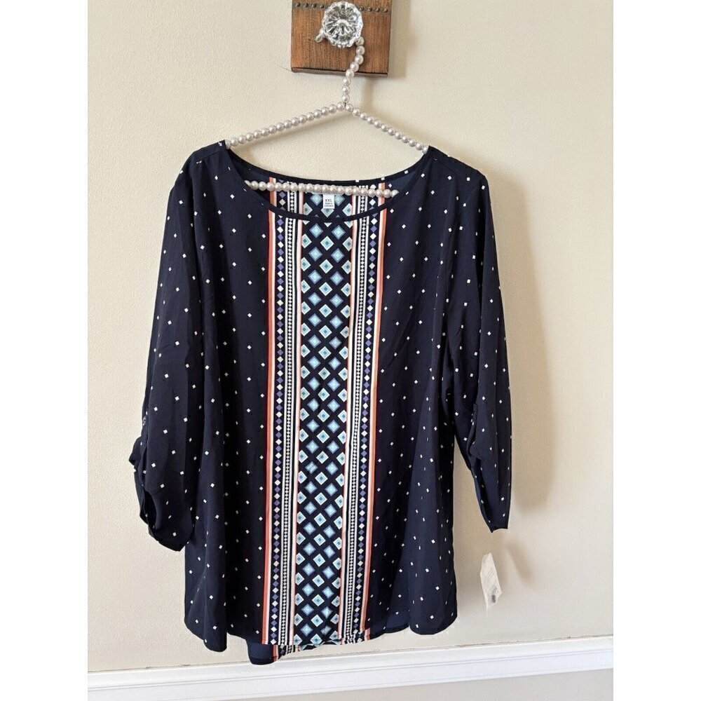 NWT Croft & Barrow Womens Size XXL Blue Tunic Blouse Geometric Print
